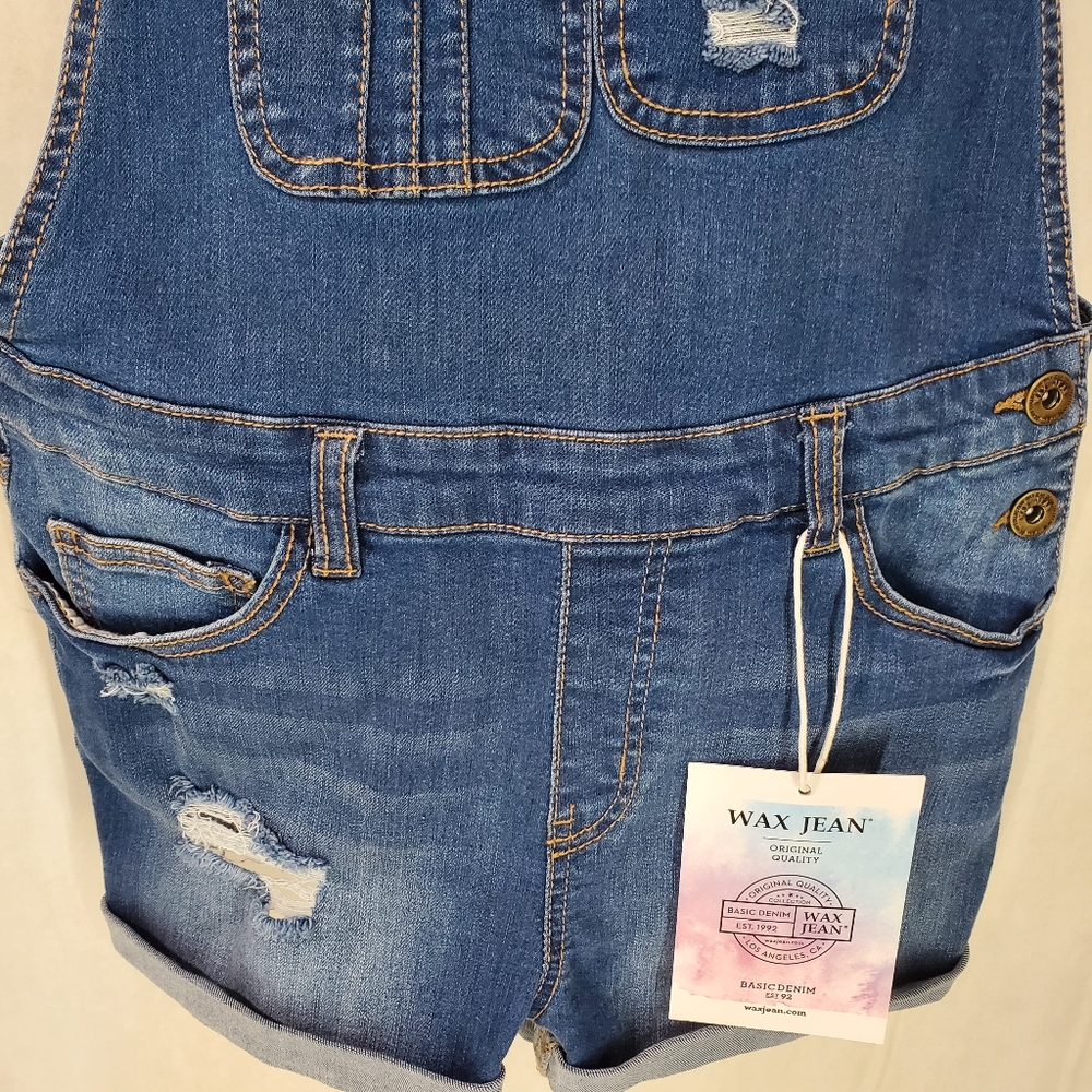 NWT Wax Jean Distressed Overall Cuffed Shorts Shortalls Size Small Blue Denim - Picture 4 of 13